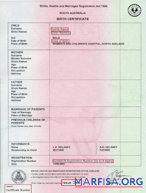 Downloadable South Australia Births and Deaths Registration office birth certificate download for verification